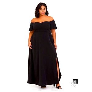 Black Satin Off the Shoulder Gown w/ Weighted Hem, Sweetheart Neckline, and Slit